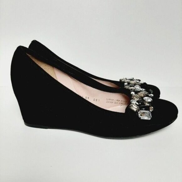 FERCA 81 Italy Jeweled Gem Suede Wedges Heels Black Shoes Sz 8.5 / Eur 39 - Picture 3 of 16